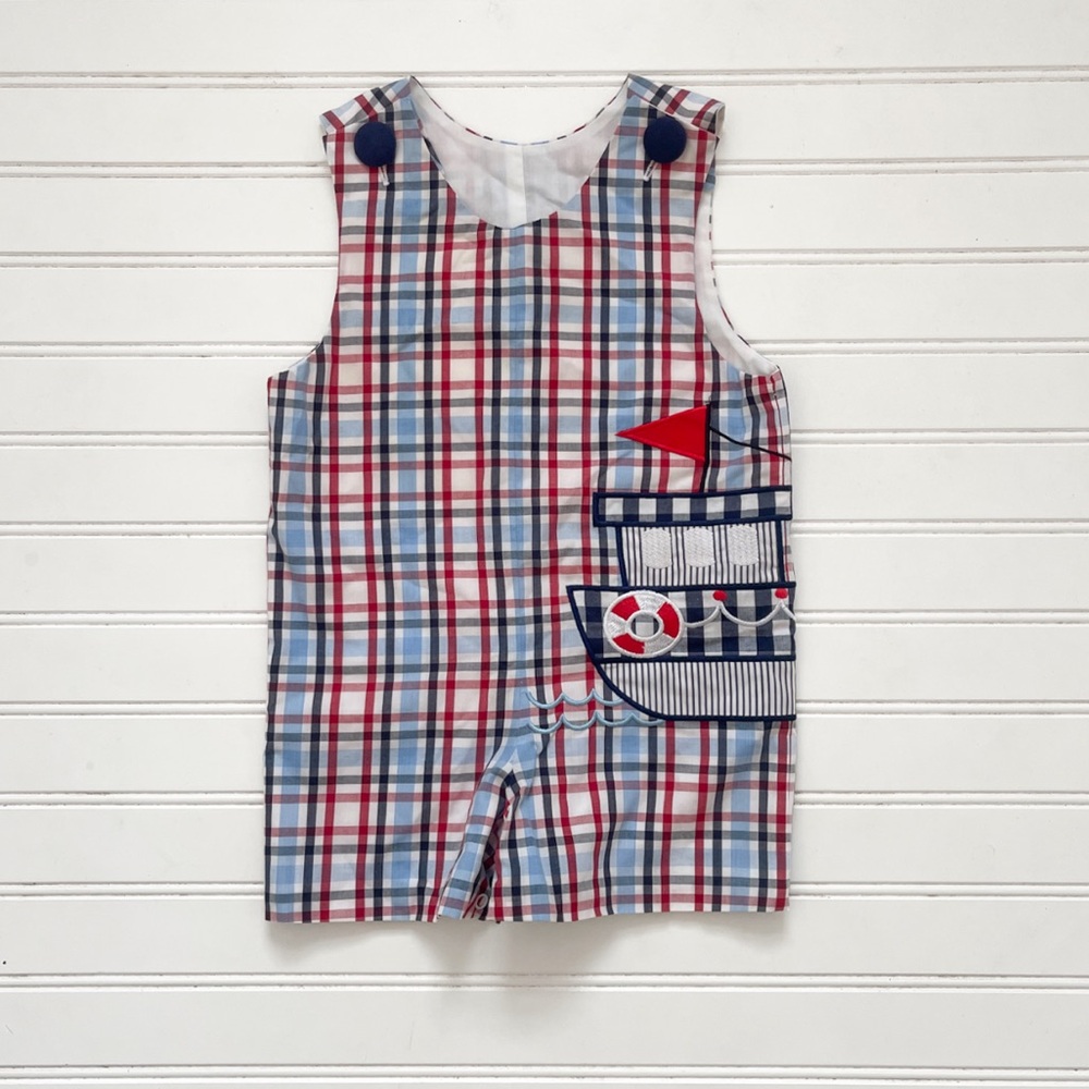 HONESTY EUC/LN Boys Classic Plaid Nautical Appliqué Heirloom Summer Jon Jon